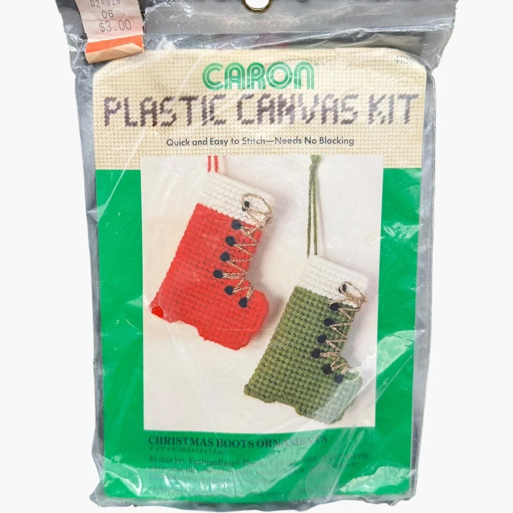 Vintage 1982 Caron Plastic Canvas Kit Lot 3 Christmas Boots Mitten Ornaments DIY
